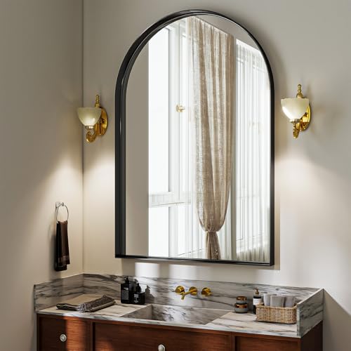 20" x 30" Luxury Arched Bathroom Mirror - Arch Wall Mirror with Shatterproof Tempered Glass and Metal Deep Frame, Hanging or Leaning for Living Room, Dresser, Entrance and Hallway, Black - color: Black, size: 30"L x 20"W