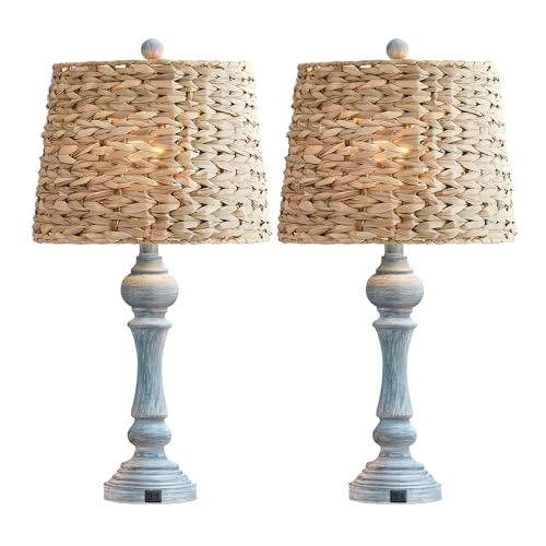 Maxax 26" Boho Rattan Table Lamps Set of 2 with USB A+C Ports, Coastal Bedside Lamps with Rattan Shade, Distressed Antique Blue Farmhouse Wicker Lamps, Rustic Resin Nightstand Lamps for Living Room - color: Antique Blue