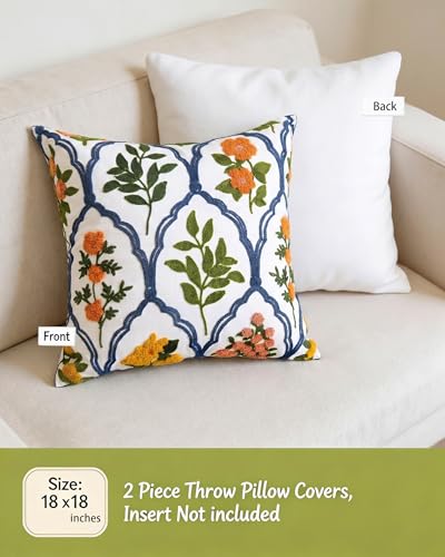 Alysheer Spring Summer Floral Embroidered Decorative Throw Pillow Cover 18"x 18" Set of 2, Orange Flowers Embroidery Patterned Multicolor Cushion Case for Sofa Couch Living Room Bedroom Outdoor - color: - Orange Mustard, size: 18" x 18" (Pack of 2)
