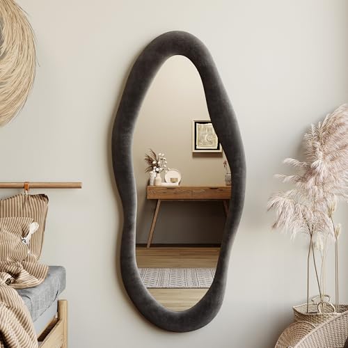 Honyee 55" x 24" Wavy Mirror, Flannel Wrapped Wooden Frame, Irregular Hanging for Cloakroom/Bedroom/Living Room, Black - color: Black, size: 55"L x 24"W