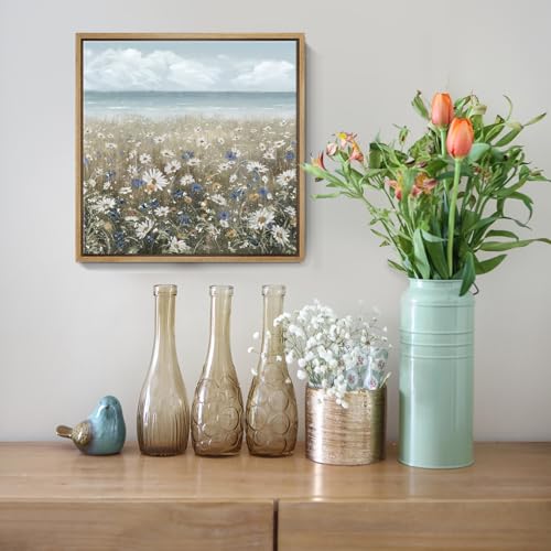 amatop Framed Wall Art Bathroom Décor Boho Beach Coastal Vintage Floral Wall Picture Flower Daisy Flowers by Sea Canvas Print Nautical Small Artwork For Home Farmhouse Living Room Bedroom Office - color: Coastal Flower Sea Art, size: 13.5"L x 13.5"W