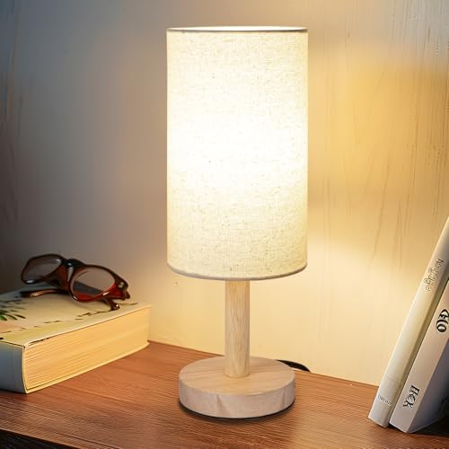 LALISU Small Table Lamp for Bedroom, Nightstand Lamp Linen Lampshade Bedroom Wood Base Small Bedside Lamp for Night Stands, Desk Lamps for Reading Living Room, Office (LED Bulb Included) (Wood Base) - color: Beige Shade+Wood Base