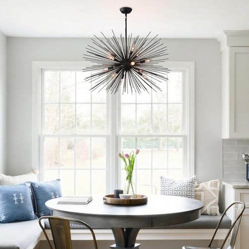 33.85" Black Sputnik Chandelier Vintage 12-Light Geometric Starburst Chandelier Light Fixture Large Solid Metal Black Sputnik Chandeliers for Dining Room, Kitchen, Bedroom, Living Room, E12 - color: Black 33.85" 12-Light
