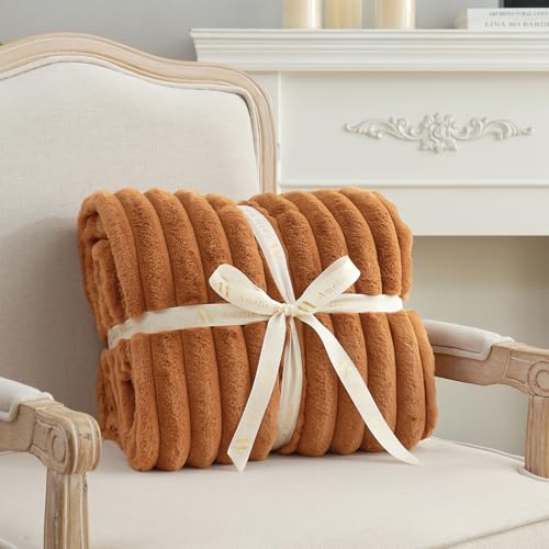 Amélie Home Faux Fur Throw Blanket for Couch, Cozy Fuzzy Fluffy Fur Luxurious Soft Striped Plush Gift Blankets for Family Sofa Chair Bedroom, 55"x70", Orange Brown - color: Striped Fall Orange Brown, size: Throw(55"x70")