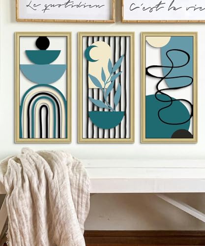 Putuo Decor Boho Wall Art Set of 3 Modern Minimalist Wooden Wall Decor Abstract Geometric Room Decorations Mid Century Artwork for Living Room Bedroom Office in Blue Tones 16.5 x 8.6 Inch - color: Blue Modern Linework