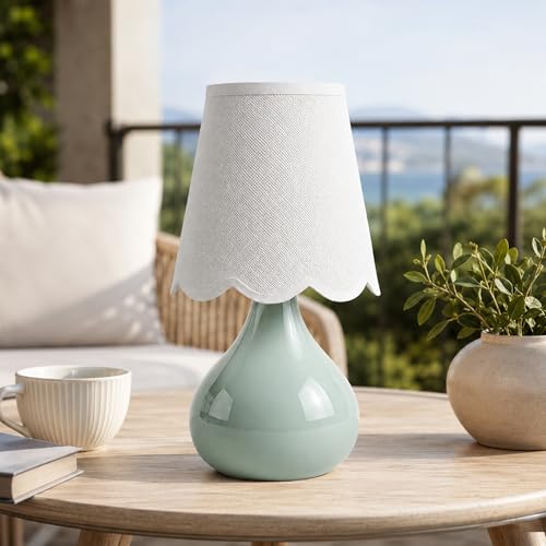 14" Cordless Table Lamp, Rechargeable Ceramic Bedside Lamp with Magnetic LED Bulb, Stepless Dimmable & 3 Colors, Battery Operated Aesthetic Lamp for Bedroom, Living Room, Patio (Green)