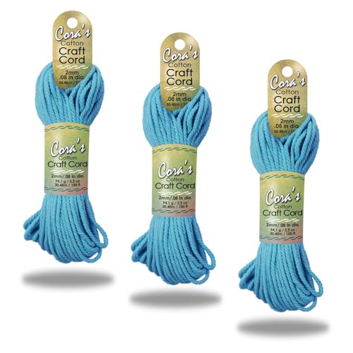 Cora's Cotton Macrame Cord | 2mm x 100ft 3-Pack | Braided Cotton Cord for Macrame | Macrame, DIY Crafts, Plant Hangers, Wall Hanging, Crochet | Durable, Long Lasting, Vibrant (Turquoise) - color: Turquoise