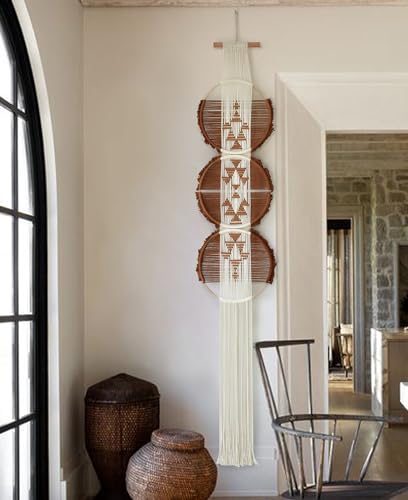 Flber Macrame Wall Hanging Brown and white Boho Wall Decor Art Living room wall art Round Handmade Geometric Lines Home Décor 11.8W x 65L - color: Brown1