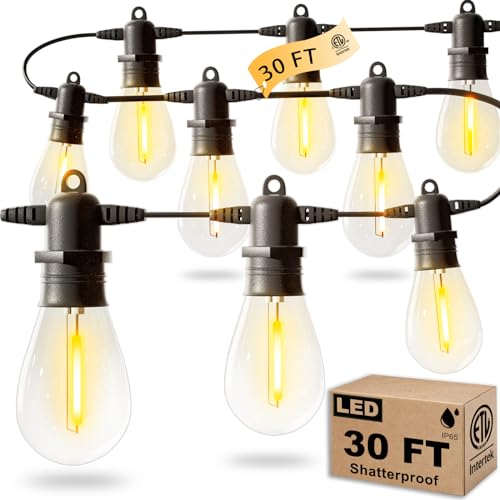 30FT LED Outdoor String Lights with 10+1 Edison Shatterproof IP65 Waterproof Bulbs, 2700K Dimmable Commercial Grade Patio Lights, Heavy Duty Outside Hanging Lights for Garden Porch Decor - size: 30 Ft