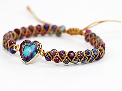 Women Boho Wrap Bracelet,Handmade Natural Stone Crystal Emperor Beads Heart Bracelet, Fashion Bohemian Jewelry Gift for Women - color: Emperor Jasper