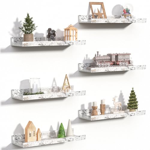 upsimples Floating Shelves for Wall, Wall Shelves for Decor Storage Set of 6, Wall Mounted Wood Shelf for Bedroom, Living Room, Bathroom, Kitchen, Picture Ledge Shelf, Rustic White - color: Rustic White, size: 15.7in