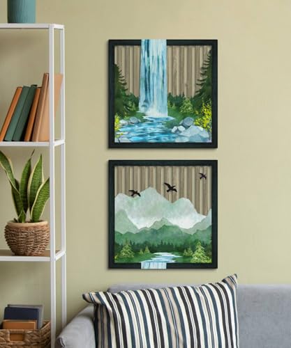 Putuo Decor Mountain Waterfall Wall Art Set of 2, Nature-Inspired Wooden Wall Art, Rustic Geometric Landscape Painting for Living Room, Bedroom, Bathroom, Boho Style Décor, 16 x 16 inches - color: Wooden Mountain Waterfall Art