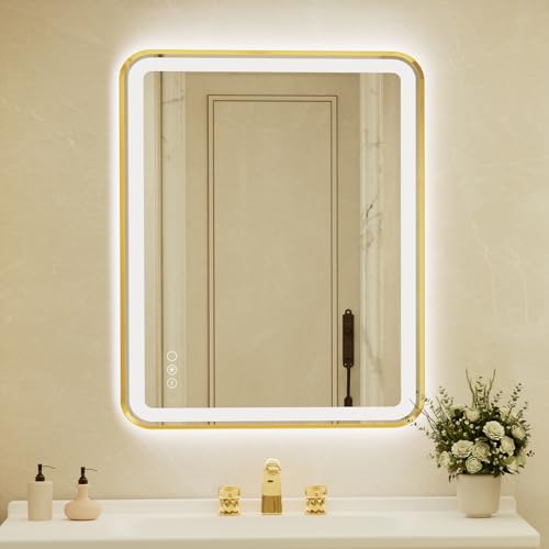 36x48 Inch LED Bathroom Mirror with Gold Frame,Front and Backlit Vanity Mirror, Stepless Dimmable Wall Mirrors with Anti-Fog, 3 Colors, Memory, Waterproof, LED Smart Bathroom Mirror - color: Gold, size: 36"L x 48"W