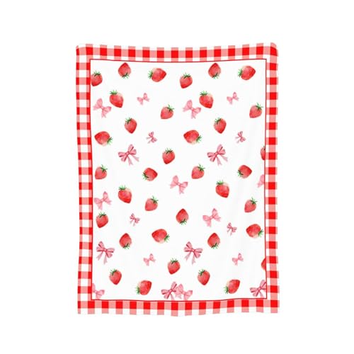 Cute Strawberry Throw Blanket for Couch Chair Sofa Bed, Flannel Soft Watercolor Summer Fruit Pink Ribbon Buffalo Plaid Warm Cozy Farmhouse Blanket for Bedroom Living Room Car All Season 30"x 40" - color: Strawberry02, size: 30X40 inch