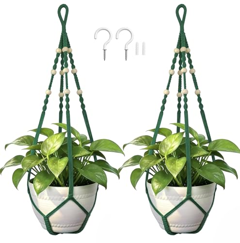Macrame Plant Hanger,Up to 4-15 inch Pots, Wood Beads Cotton Hanging Planter Holder for Indoor Outdoor Boho Home Decor, 35 Inch, Ivory, Set of 2 (Green) - color: Green