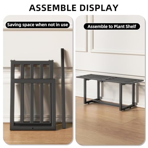 Plant Stand Indoor Outdoor, Foldable Metal Plant Shelf for Multiple Pots, Mid Century Slatted Bench for Patio Garden, Heavy Duty Capacity 330 lbs 2 Pack Black