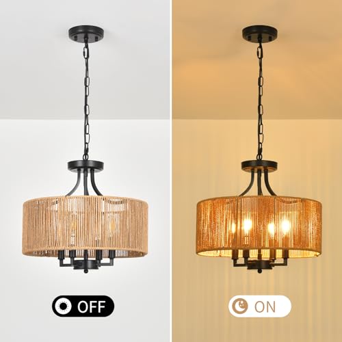 15.7'' Hand Woven Rattan Chandelier, 4-Light Boho Chandelier Rattan Pendant Light Fixture, Wicker Farmhouse Chandeliers for Dining Room Bedroom Living Room Foyer