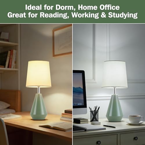 Small Bedside Table Lamp for Bedroom - Reading Desk Lamp with 3 Color Temperatures，15.5" Nightstand Ceramic Lamp with Fabric Shade for Kids Room,Living Room,Dorm,Home Office (Green) - color: Green, size: 15.5"
