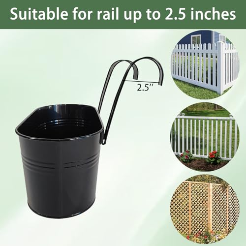 2 Pack Metal Hanging Planter for Outdoor Plants, 10 Inch Black Fence Planters Railing Pots for Garden Patio Balcony Decor, Flower Bucket with Detachable Hooks (Black, 2Pcs) - color: Black