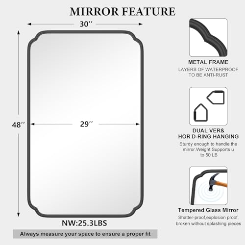 Ferytange White 30"x48" Bathroom Mirror for Wall, Large Bathroom Vanity Mirror, Rounded Rectangle Mirror in Wooden Frame Hangs Horizontal Or Vertical - color: Black, size: 48"L x 30"W