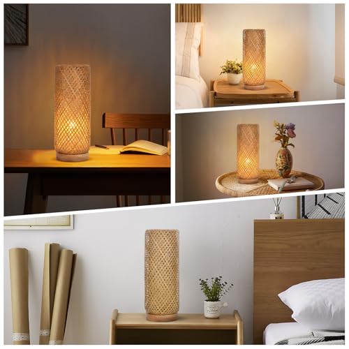 Bamboo Table Lamp，Boho Rattan Bedside Lamp for Bedroom, Vintage Wicker Wooden Nightstand Lamp Shade Rustic Farmhouse Indirect Lighting Accent Light Decor for Living Room