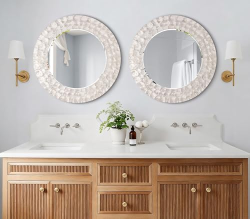 Capiz Shell Round Mirror, 30'' Coastal Mirror with Natural Capiz Seashell Frame, Decorative Circle Wall Mirrors for Living Room Mantel Bathroom Entryway - color: Cream-white, size: 30"L x 30"W