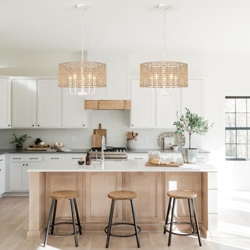Rattan Chandelier 5-Light Farmhouse Boho Pendant Light Fixture for Dining Room Brown and White Woven Chandeliers for Ceiling Light,Bedroom,Living Room,Foyer,Kitchen Island,Coastal,Stairway,Hallway - color: 5-light White and Brown