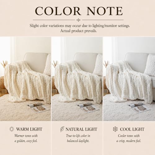 Battilo Chunky Knit Throw Blanket for Couch, Hand Made Chenille Throw Blanket, Super Soft Warm Cozy Cream White Blanket for Bed, Sofa, Living Room, 50"x60" - color: Cream White