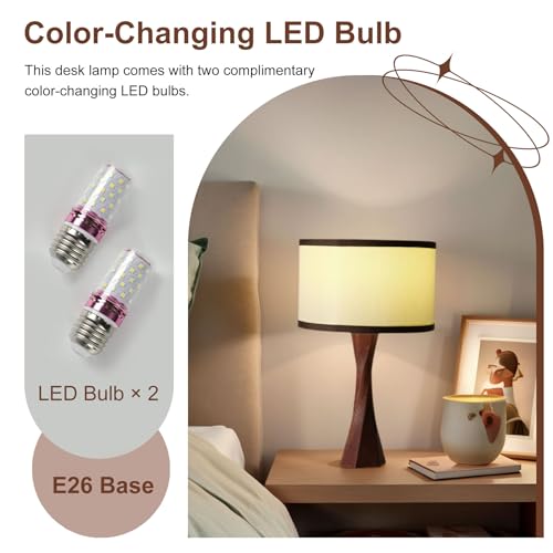Boho Table Lamps for Bedrooms Set of 2-13" Wooden Spiral Base & Linen Shade - 3 Color Temps (2500K-4500K) LED Bulbs Included - for Bedroom, Office, Dorm, Nursery