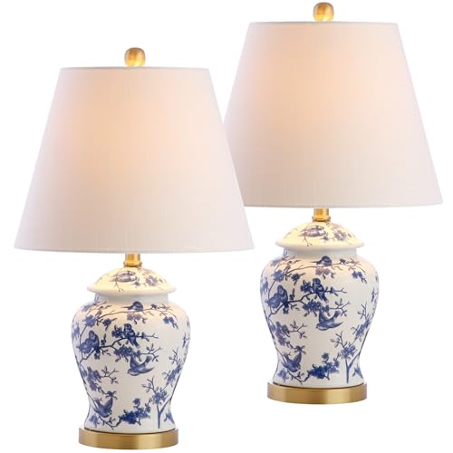 JONATHAN Y 22" Blue/White Ceramic Table Lamp, French Country Chinoiserie Ginger Jar LED Bedside Lamp for Living Room Bedroom, White Linen Shade (JYL3005A-SET2) - color: Blue/White, size: Set of 2