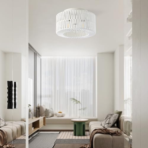 12.6" Rattan Flush Mount Ceiling Light Fixtures, 3-Light Boho Light Fixture Rattan Hand-Woven Chandelier Close to Ceiling Light Fixture for Bedroom Hallway Kitchen Dining Room Nursery(White) - color: 12.6”White