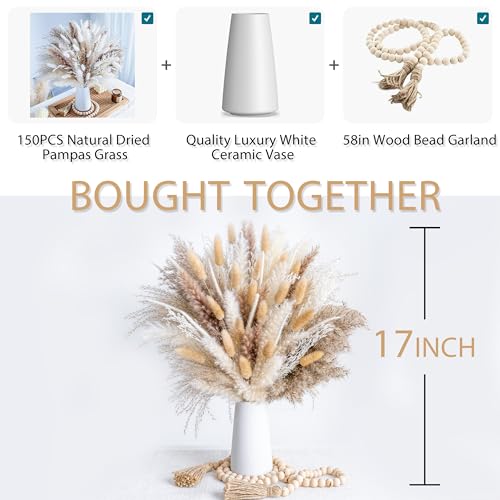 150pcs Pampas Grass + 1 White Ceramic vase + 1 Wood Bead Garland , Boho Home Decor Bouquet Phragmites Dried Flowers Bouquet for Wedding Floral Arrangements Home Decorations - size: 150 Pcs