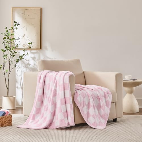Checkered Throw Blanket, Pink Soft Cozy Fluffy Knitted Throw Blankets for Couch, Sofa, Bed, Chair, Warm Fuzzy Travel Picnic Lightweight Plaid Blanket, 50x70 inches - color: Pink, size: 50×70 Inch