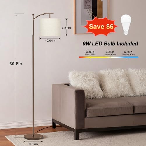 Ambimall 60" Floor Lamp for Living Room with 3 Color Temperatures, Adjustable Beige Shade with Brown Pole, Tall Lamp for Bedroom Office Classroom Dorm Room, 9W Bulb Included - color: Brown & Beige