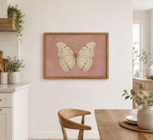 Framed Vintage Butterfly Canvas Wall Art Antique White Moth Picture Pink Aesthetic Poster Print Neutral Moody Insect Painting Farmhouse Wall Decor for Living Room Bedroom Dorm Office 16x24in - color: Butterfly, size: 24"L x 16"W