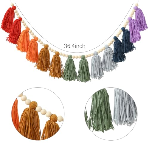 DCJHFJ Boho Tassel Garland Wall Hanging with Wood Beads Colorful Tassel for Kids Room Bedroom Classroom Nursery Dorm Decorations - color: Rainbow