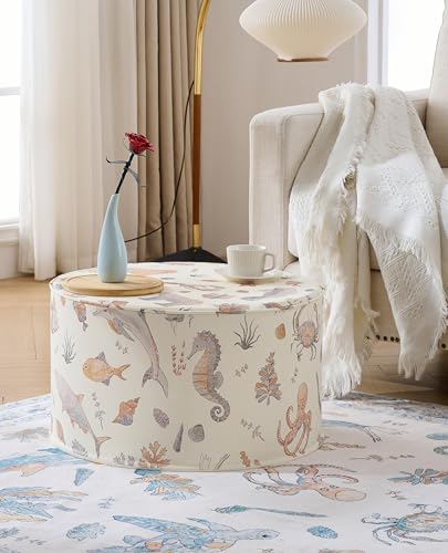 Large 22" Sturdy Sitting Pouf Ottoman Pouf Sealife Design for Kids Toddler Playroom, Bedroom, Nursery with Foam Filling as Seating, Footrest, Side Table Nautical Home Décor PU Leather (Cream Multi) - color: Cream Multi
