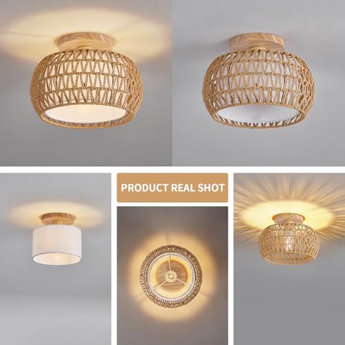 Rattan Ceiling Light Fixture，3 Style Options Boho Flush Mount Ceiling Lights, Hand-Woven Rattan Chandelier,Mini Bohemian Wicker Light Fixtures, Farmhouse Light Fixture for Bedroom Hallway Entryway - color: Light Brown