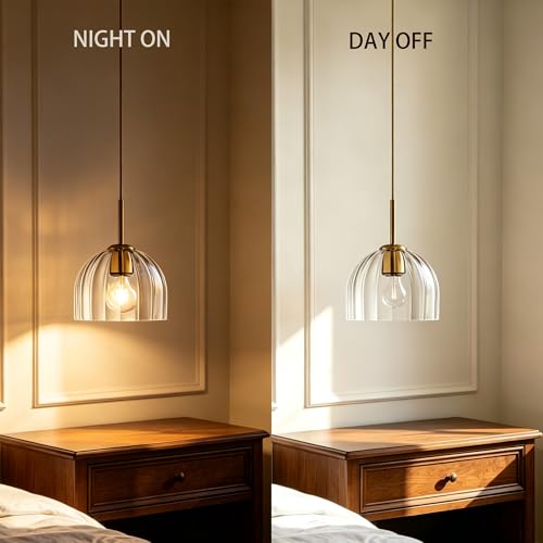 Modern Pendant Light Kitchen Island, Nordic Boho Dome Chandelier, 7.86" Bell Lamp Shape Hanging Ceiling Lighting Fixture with Clear Striped Glass Lampshade Dining Room - color: Clear, size: 20CM