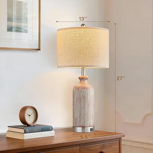 Living Room Lamps Set of 2, 27" Touch Lamps for Nightstand with USB A+C Ports, Modern Farmhouse Table Lamps for Bedroom, Red and White - color: Red&White