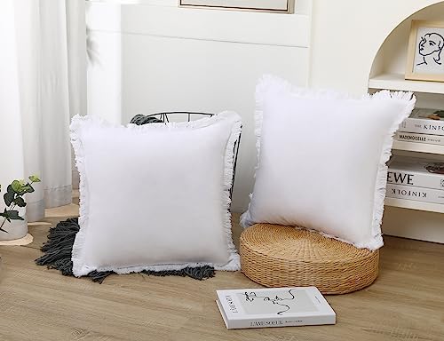 NUYECY Set of 2 Natural Linen Fringed Throw Pillow Covers,White Neutral Decorative Pillowcase with Chic Tassel Burlap Boho Large Cushion Covers for Couch Sofa Farmhouse,24x24 inches - color: White, size: 24" x 24" (Pack of 2)