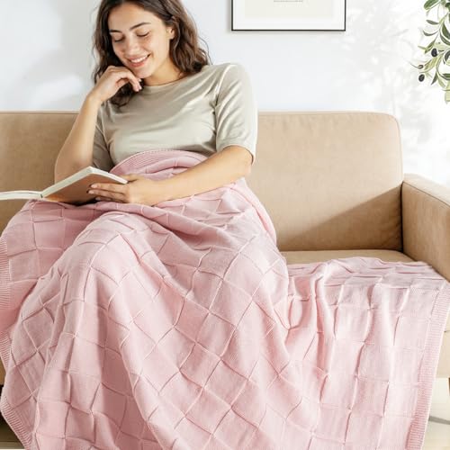 Whale Flotilla Checkered Knit Throw Blanket for Couch, Soft Decorative Knitted Blankets for Sofa Bed, Lightweight Cozy Throws for Spring Summer, 50x60 Inch, Pink - color: Pink, size: 50x60 Inch