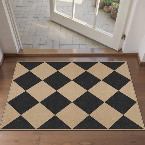 PureCozy 2x3 Checkered Easy Jute Kitchen Front Doormat Non Slip Washable Neutral Area Rug Diamond Non Shedding Low Pile Black Checkerboard Floor Carpet for Farmhouse Entryway Porch Doorway - color: Black|checkerboard-1, size: 2' x 3' (Rectangular)