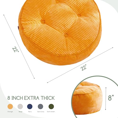 HIGOGOGO 8" Extra Thick Floor Pillow Cushion for Adults, Meditation Cushion Pillow, Large Round Floor Sitting, Tufted Corduroy Cover, for Tatami Living Room or Yoga, 22x22 Inch, Orange - color: Round Orange, size: 8" Thick(Pack of 1)