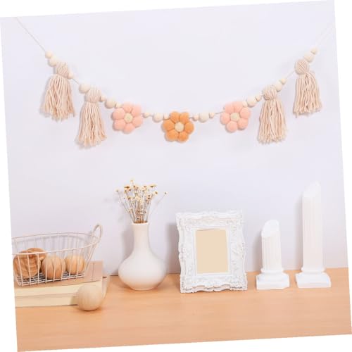 Beavorty Boho Tassel Wall Hanging Ornaments with Wooden Beads, 2pcs Brown Flower Fringe Garland for Room and Party Backdrop Decor