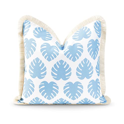 Hofdeco Premium Coastal Hampton Style Patio Indoor Outdoor Pillow Cover Only, 20"x20" Water Resistant for Backyard, Couch, Baby Blue Monstera Leaf Fringe - color: Baby Blue Monstera Leaf, size: 20" x 20" (Pack of 1)
