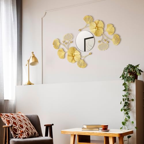 Tandefio 3 Pcs Metal Decorative Wall Mirrors for Living Room Metal Ginkgo Leaf Mirror Modern Creative Wall Decor Art Hanging Decor Mirror for Entrance Bedroom Living Room(Gold,16.inches) - color: Gold