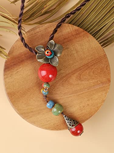 MINACHI Vintage Bohemian Colorful Ceramic Bead Antique Flower Y Necklace, Vintage Boho Hippie Statement Jewelry Gift for Women - color: S01B