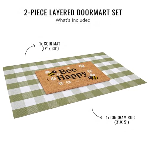 Bee Happy Layered Doormat Set, Spring Door Mat with Printed Coir Welcome Mat and Plaid Layering Doormat, Farmhouse Front Door Entryway Decorative Porch Mat (Green, 3' x 5') - color: Green, size: 3' x 5' (Rectangular)