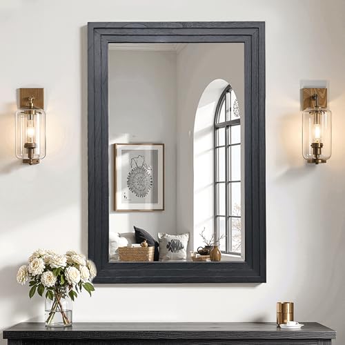 Wood Framed Mirrors for Wall, Black Bathroom Vanity Mirror for Over Sink 24 x 36, Vintage Wall Mirror for Bathroom Sink Hallway Entryway Bedroom Living Room Farmhouse Boho Style - color: Wooden Black, size: 36"L x 24"W